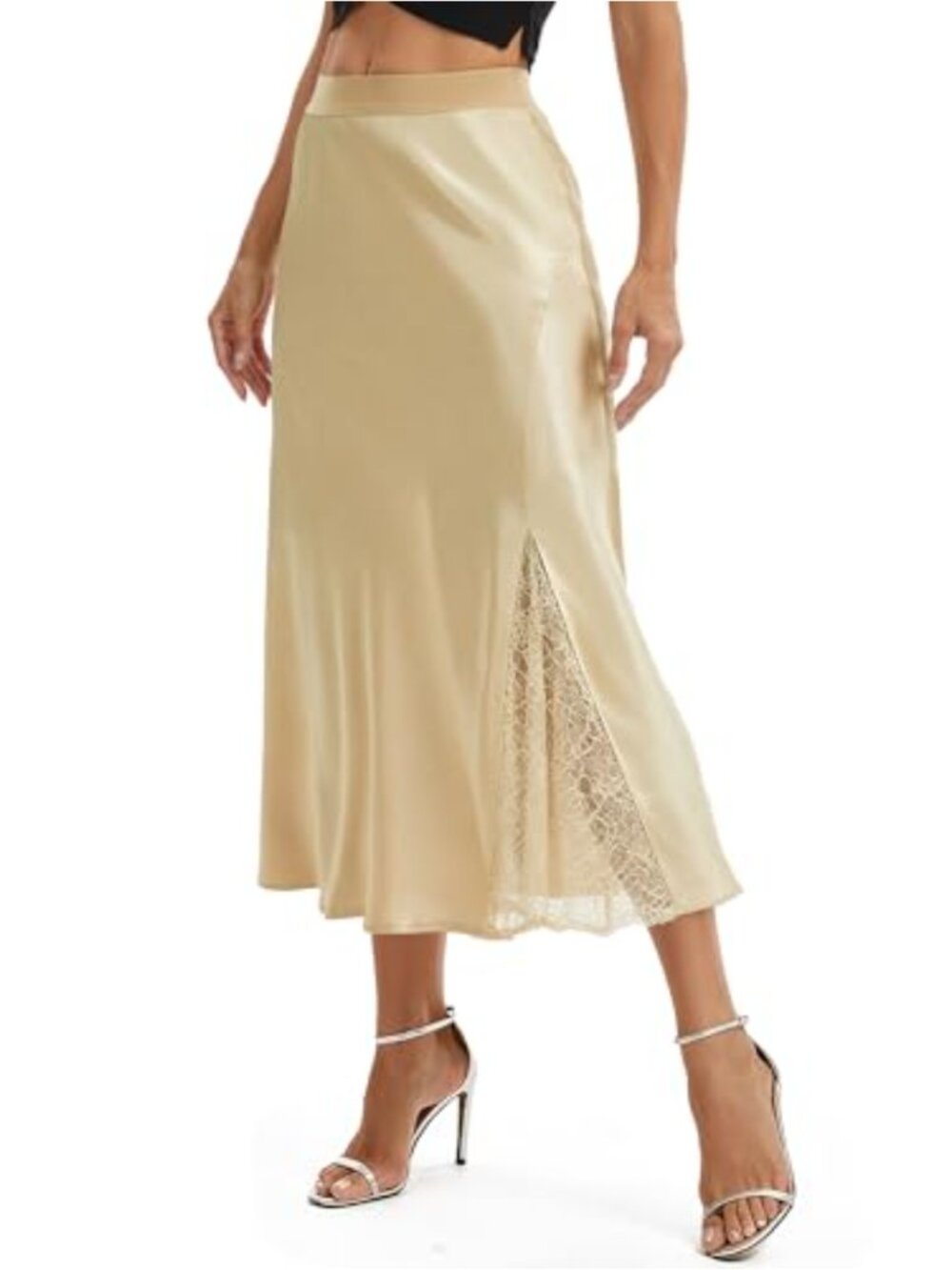 Satin A-Line Midi Skirt with Lace Panel and Elastic Waist